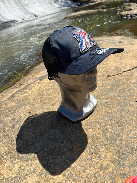 Camo Trucker Hat with 3D Patriotic Shark Embroidery | Richardson 112