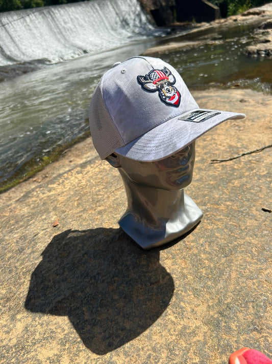 Gray Trucker Hat with Patriotic Deer – 3D Embroidered Design | Richardson 112 Model