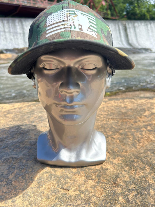 Camo Trucker Hat – Patriotic Kneeling Soldier Design | Adjustable Snapback