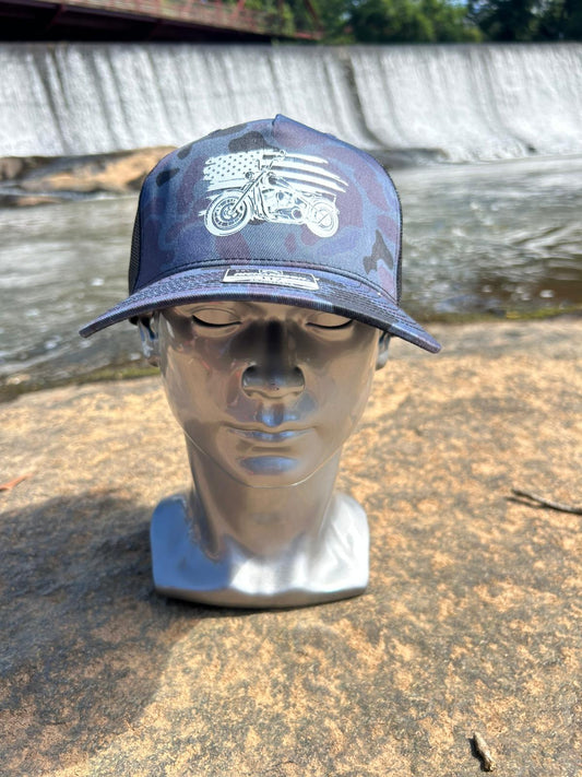 Camo Trucker Hat with Motorcycle & American Flag Print | Richardson 112