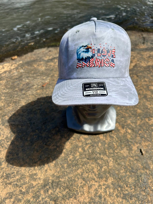 White Trucker Hat with “I Love America” Patriotic Eagle Print | Richardson 112