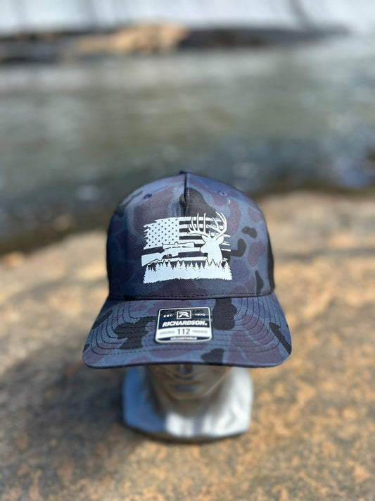Camo Trucker Hat with Patriotic Print – Rifle, Deer & USA Flag | Richardson 112