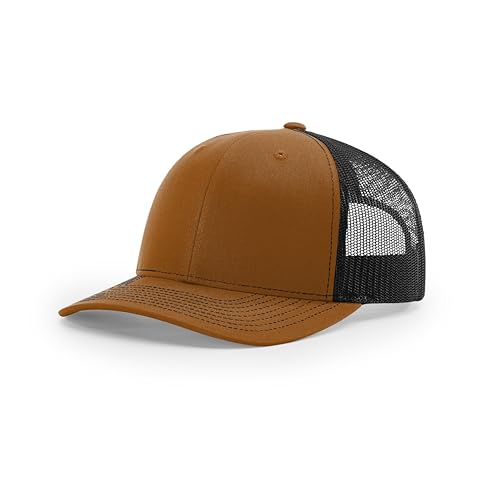 Richardson 112 Trucker Hat - Premium Snapback Baseball Cap - Carmel/Black - Adjustable Mesh Back, Structured Low Profile, Six-Panel Design, Breathable for Men & Women, Outdoor Sports and Casual Wear