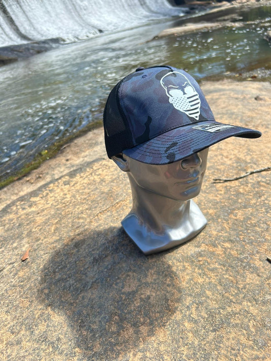 Black Camo Trucker Hat with Tactical Face & USA Flag Print | Richardson 112