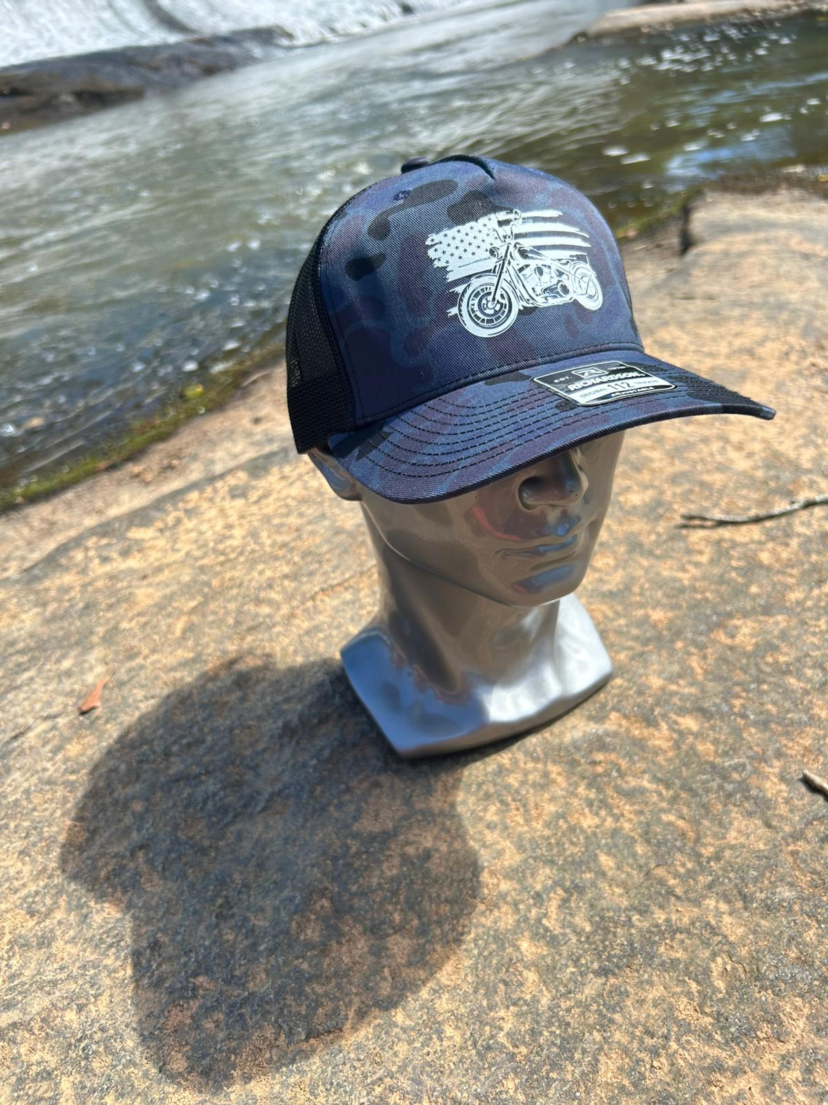 Camo Trucker Hat with Motorcycle & American Flag Print | Richardson 112