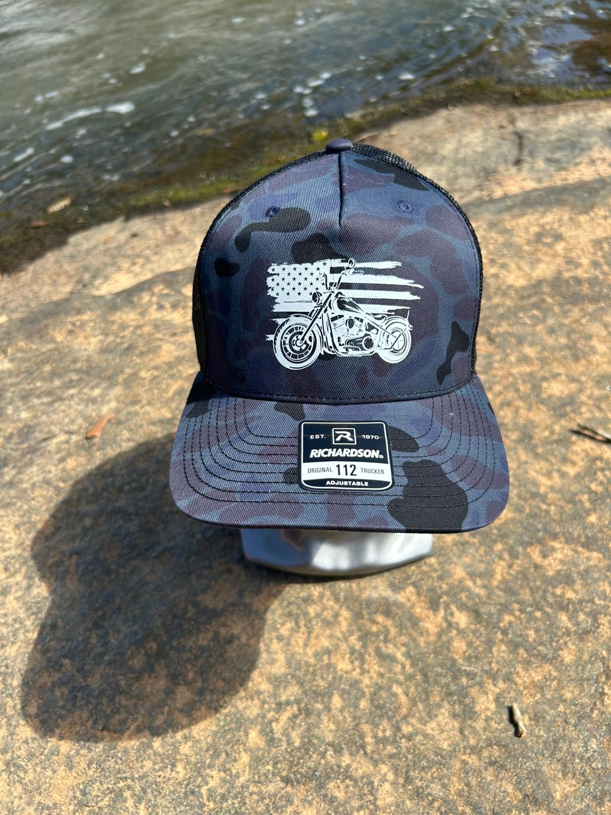 Camo Trucker Hat with Motorcycle & American Flag Print | Richardson 112