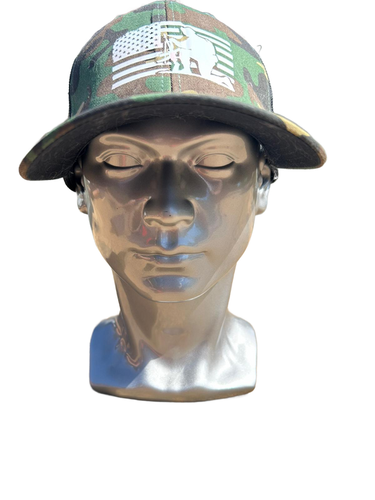 Camo Trucker Hat – Patriotic Kneeling Soldier Design | Adjustable Snapback