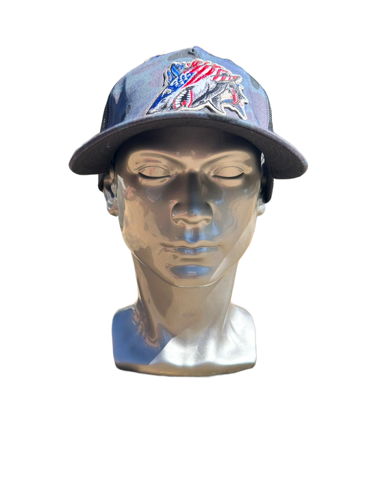Camo Trucker Hat with 3D Patriotic Shark Embroidery | Richardson 112