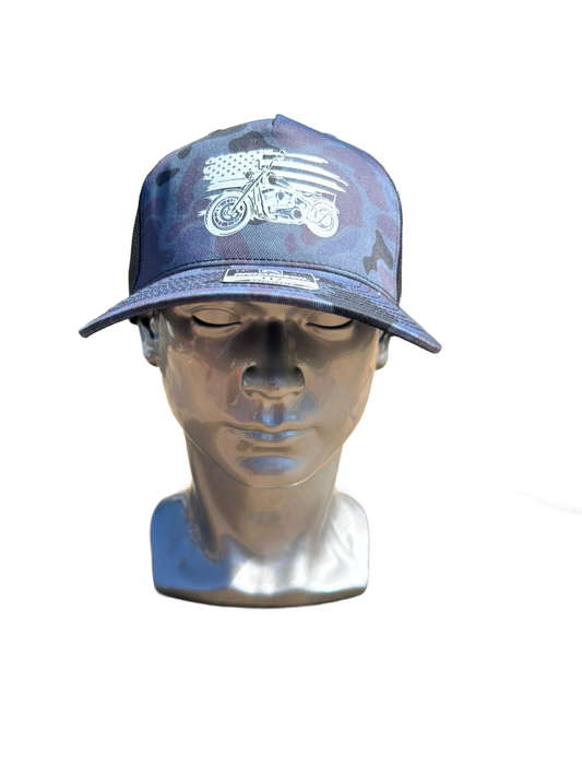 Camo Trucker Hat with Motorcycle & American Flag Print | Richardson 112