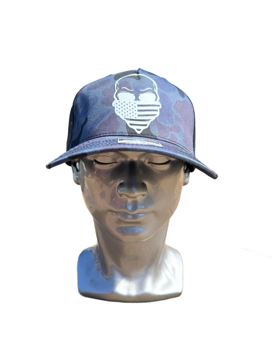 Black Camo Trucker Hat with Tactical Face & USA Flag Print | Richardson 112